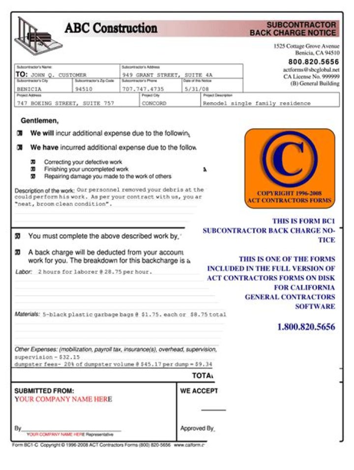 How do you back charge a subcontractor?