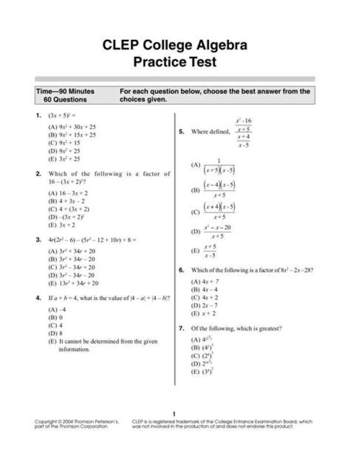 How many questions are on the CLEP college algebra test?